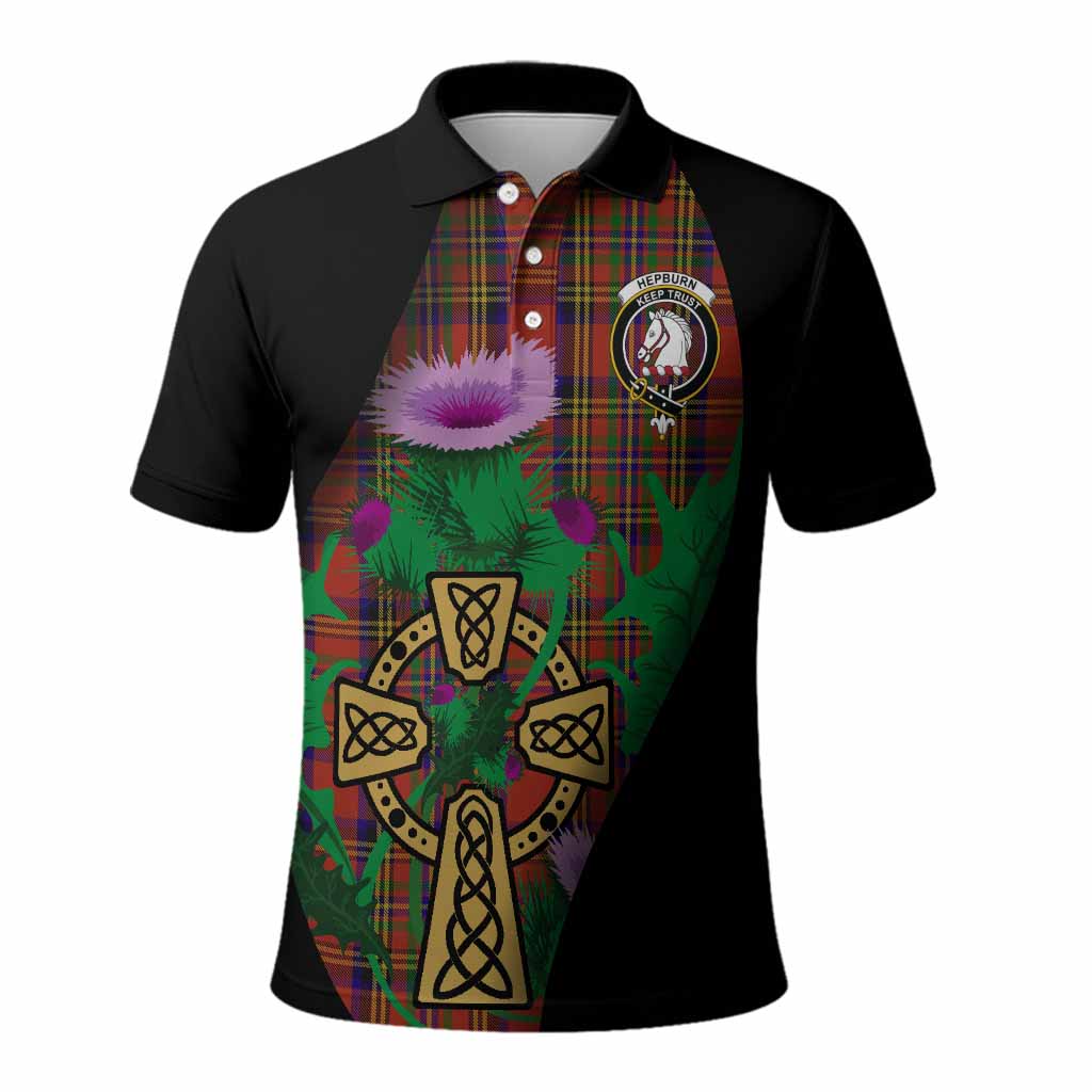 Hepburn Tartan Crest Polo Shirt Celtic Cross Thistle Flowers
