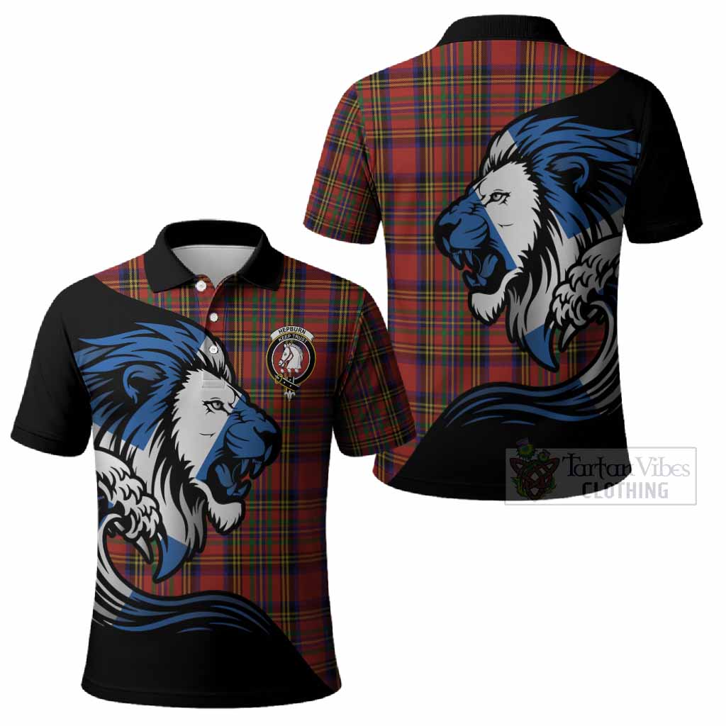 Hepburn Tartan Crest Polo Shirt Scottish Golden Lions Wave Flow
