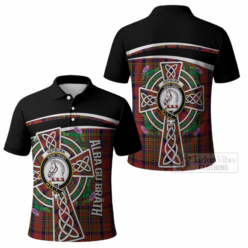 Hepburn Tartan Crest Polo Shirt Scottish Thistle Celtic Cross Alba Gu Brath
