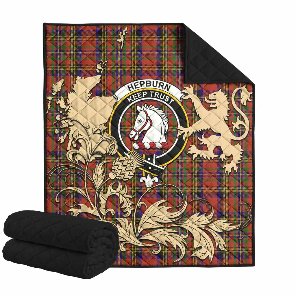 Hepburn Tartan Crest Premium Quilt with Scottish Iconic Symbols 