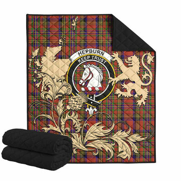 Hepburn Tartan Crest Premium Quilt with Scottish Iconic Symbols 
