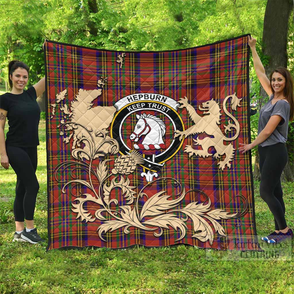 Hepburn Tartan Crest Premium Quilt with Scottish Iconic Symbols 