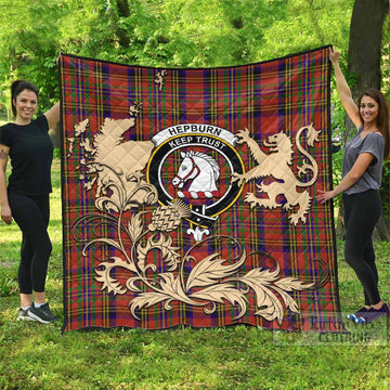 Hepburn Tartan Crest Premium Quilt with Scottish Iconic Symbols 