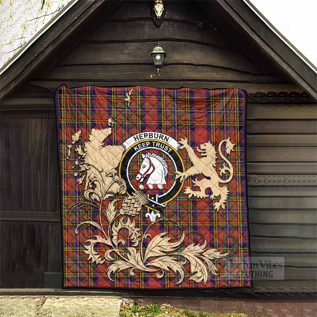 Hepburn Tartan Crest Premium Quilt with Scottish Iconic Symbols 