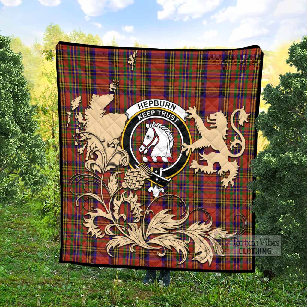 Hepburn Tartan Crest Premium Quilt with Scottish Iconic Symbols 