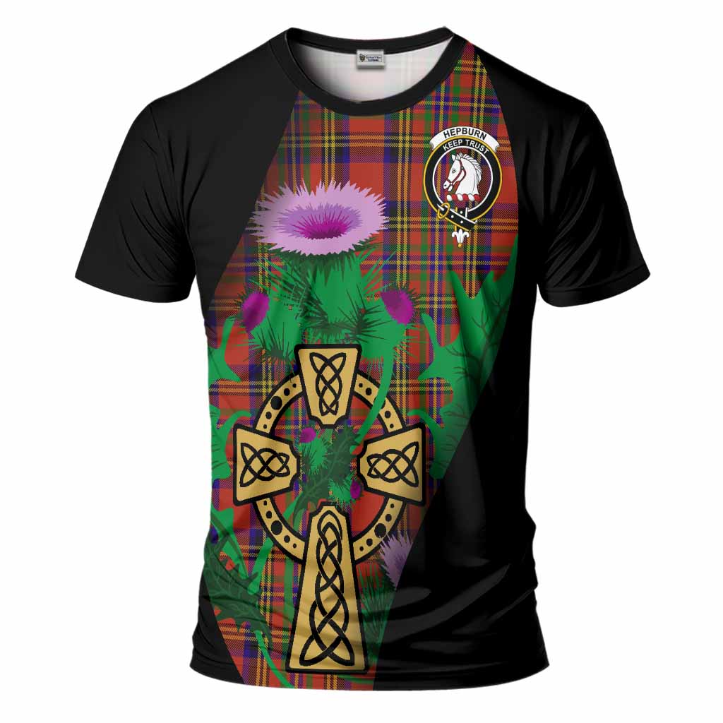 Hepburn Tartan Crest T-Shirt Celtic Cross Thistle Flowers