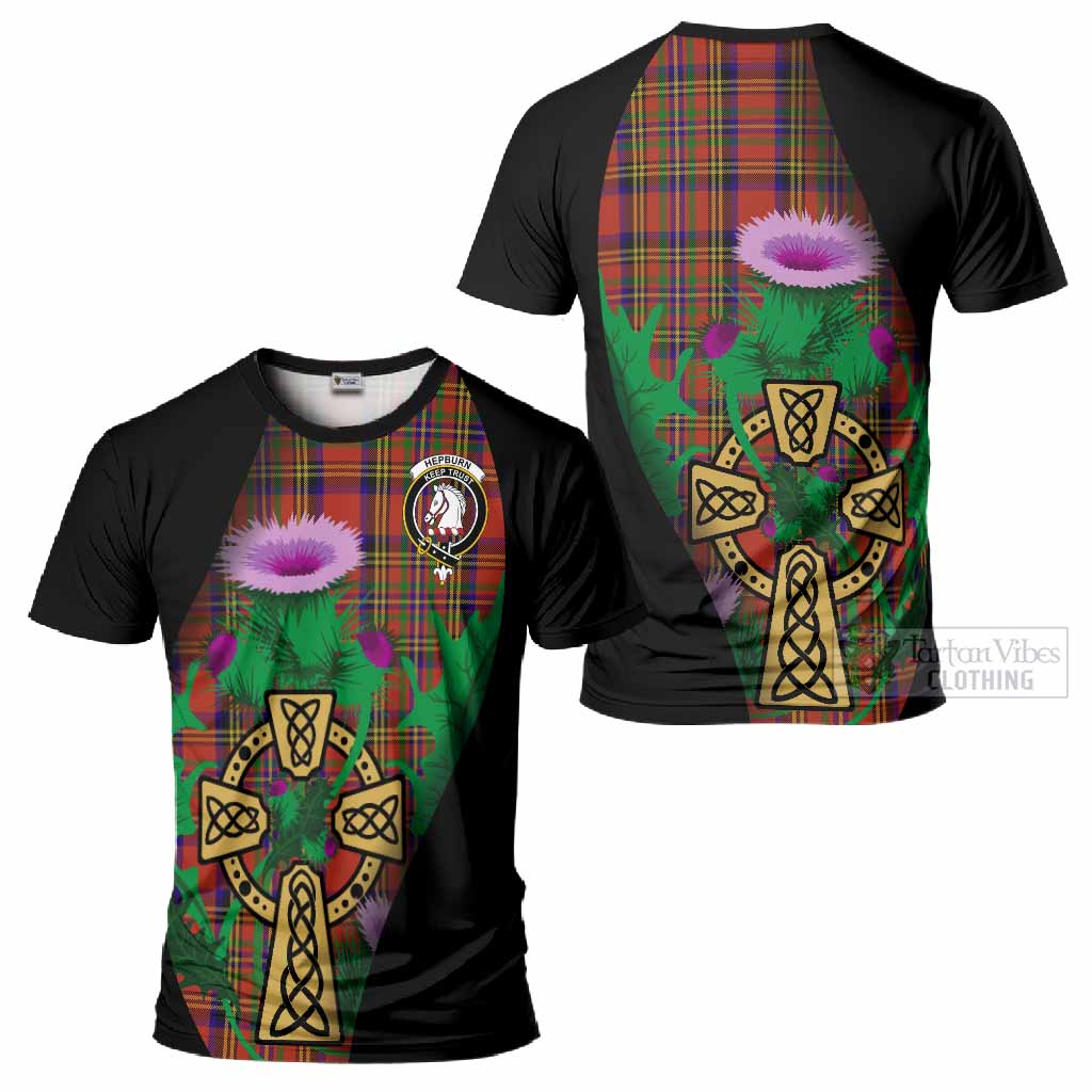 Hepburn Tartan Crest T-Shirt Celtic Cross Thistle Flowers