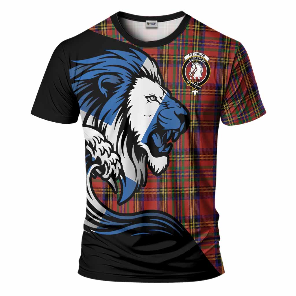 Hepburn Tartan Crest T-Shirt Scottish Golden Lions Wave Flow
