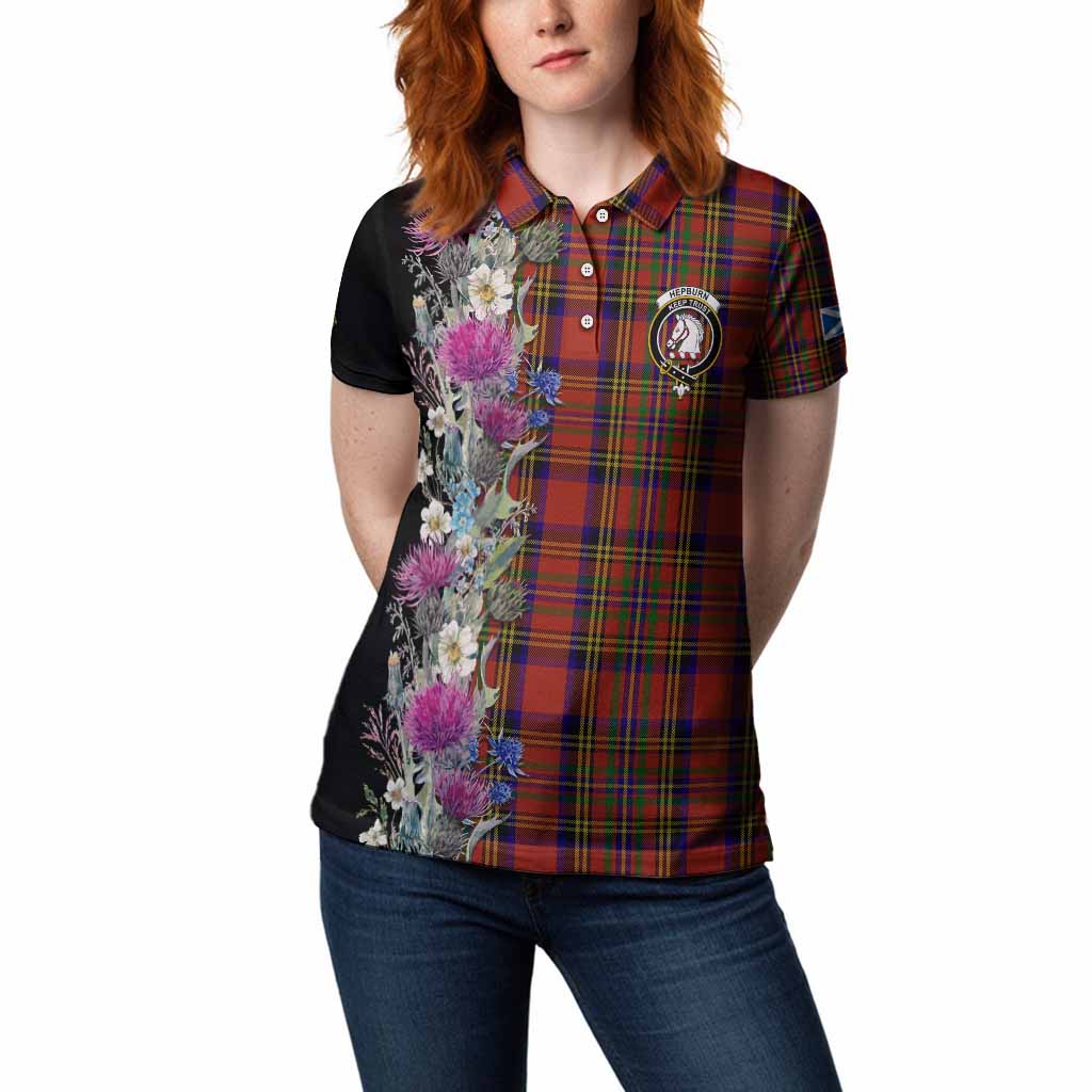 Hepburn Tartan Crest Thistle Floral Women Polo Shirt