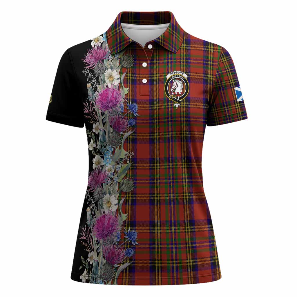 Hepburn Tartan Crest Thistle Floral Women Polo Shirt