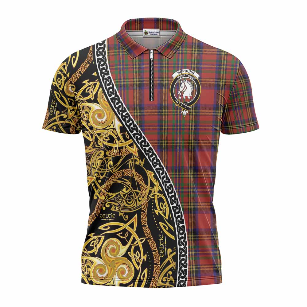 Hepburn Tartan Crest Zipper Polo Shirt Celtic Knot and Triple Trickle Spiral Symbols