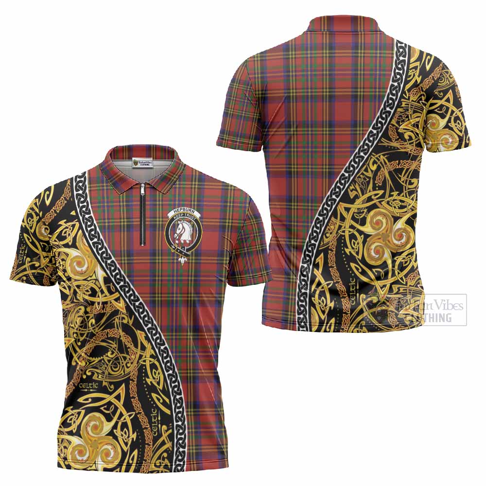 Hepburn Tartan Crest Zipper Polo Shirt Celtic Knot and Triple Trickle Spiral Symbols