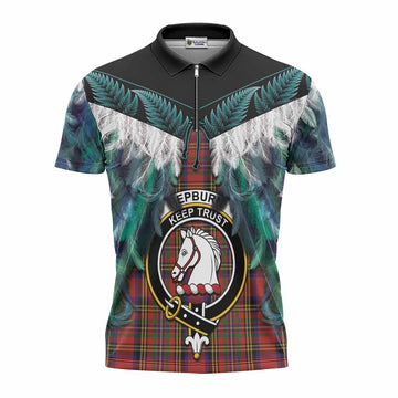 Hepburn Tartan Crest Zipper Polo Shirt New Zealand Maori Korowai Cloak