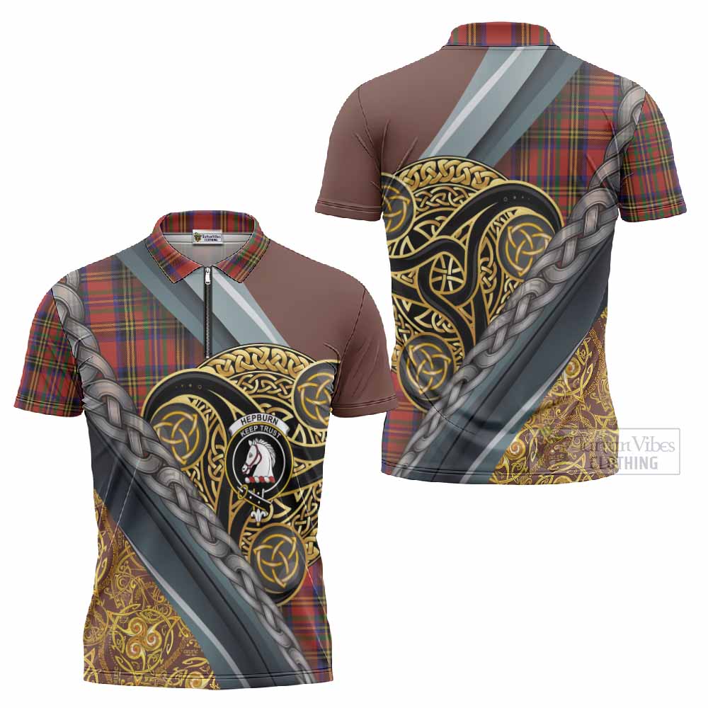 Hepburn Tartan Crest Zipper Polo Shirt Scottish Triskele Celtic