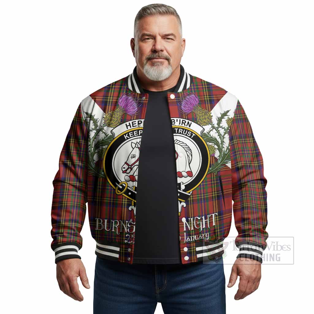 Hepburn Tartan Family Crest Baseball Jacket Scottish Burns Night Thistle Floral