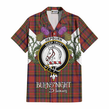Hepburn Tartan Family Crest Cotton Hawaiian Shirt Scottish Burns Night Thistle Floral
