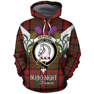 Hepburn Tartan Family Crest Cotton Hoodie Scottish Burns Night Thistle Floral