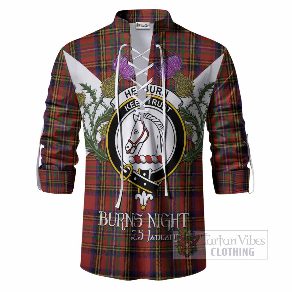 Hepburn Tartan Family Crest Ghillie Shirt Scottish Burns Night Thistle Floral
