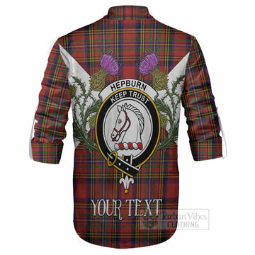 Hepburn Tartan Family Crest Ghillie Shirt Scottish Burns Night Thistle Floral