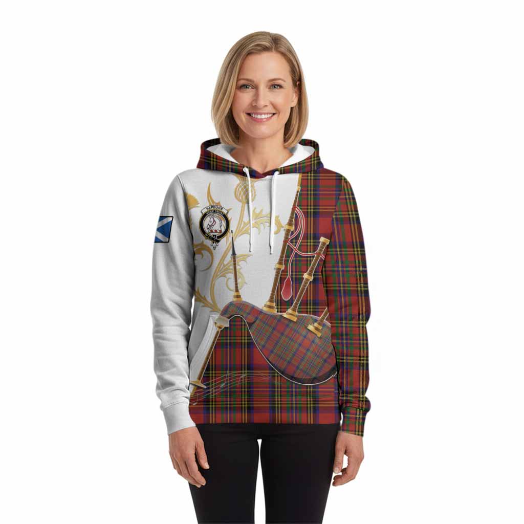 Hepburn Tartan Family Crest Hoodie Bagpipes with Scottish Thistle