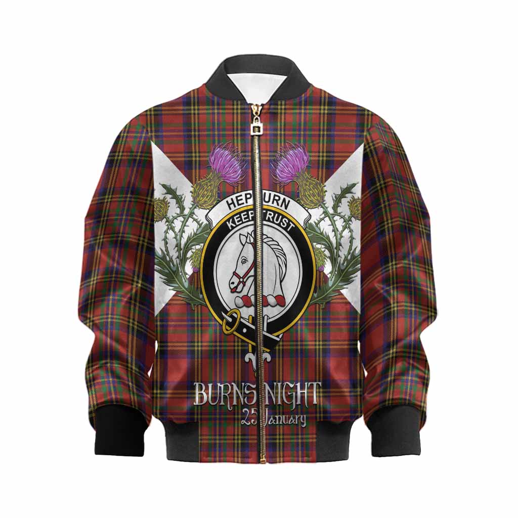 Hepburn Tartan Family Crest Kid Bomber Jacket Scottish Burns Night Thistle Floral
