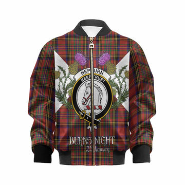 Hepburn Tartan Family Crest Kid Bomber Jacket Scottish Burns Night Thistle Floral