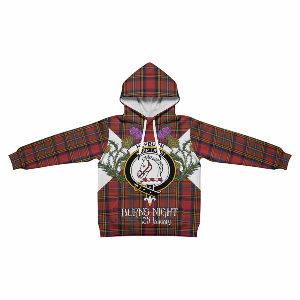 Hepburn Tartan Family Crest Kid Hoodie Scottish Burns Night Thistle Floral
