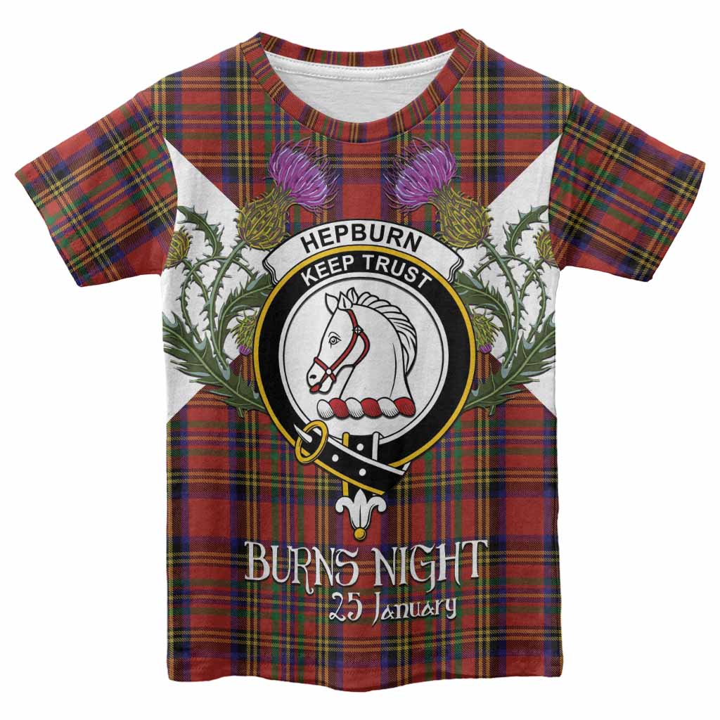 Hepburn Tartan Family Crest Kid T-shirt Scottish Burns Night Thistle Floral