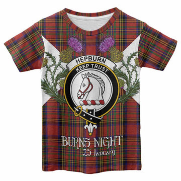 Hepburn Tartan Family Crest Kid T-shirt Scottish Burns Night Thistle Floral