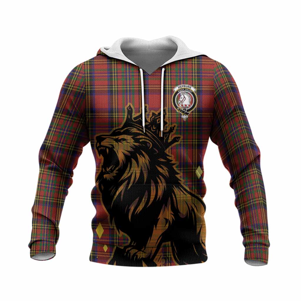 Hepburn Tartan Family Crest Knitted Hoodie Crowned Lion Roaring