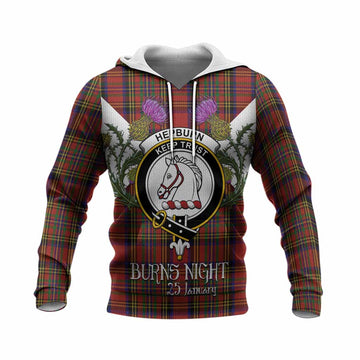 Hepburn Tartan Family Crest Knitted Hoodie Scottish Burns Night Thistle Floral