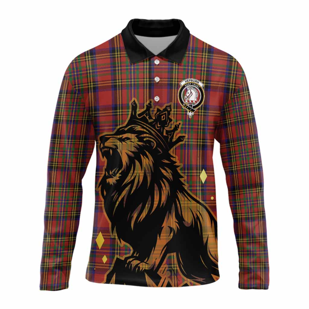 Hepburn Tartan Family Crest Long Sleeve Polo Shirt Crowned Lion Roaring