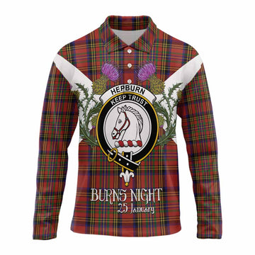 Hepburn Tartan Family Crest Long Sleeve Polo Shirt Scottish Burns Night Thistle Floral