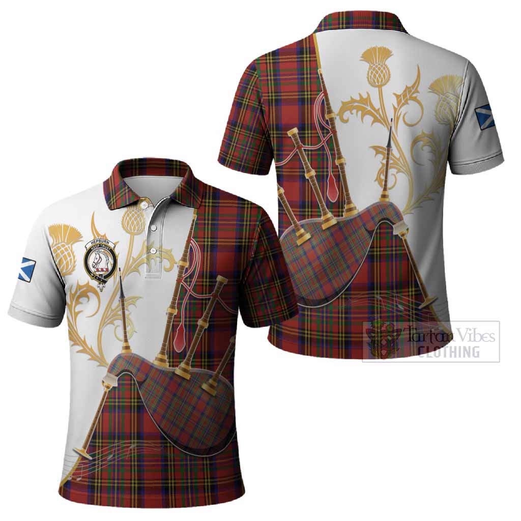 Hepburn Tartan Family Crest Polo Shirt Bagpipes with Scottish Thistle