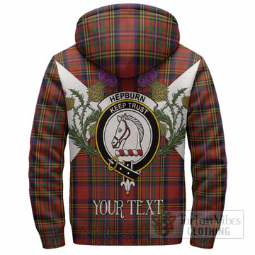 Hepburn Tartan Family Crest Sherpa Hoodie Scottish Burns Night Thistle Floral