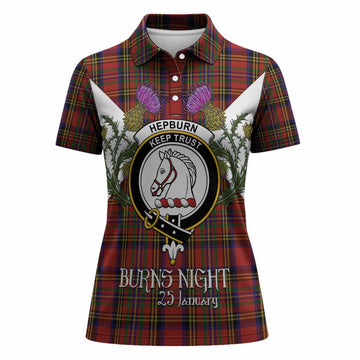 Hepburn Tartan Family Crest Women Polo Shirt Scottish Burns Night Thistle Floral