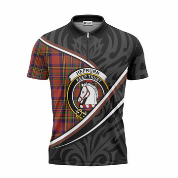 Hepburn Tartan Family Crest Zipper Polo Shirt Celtic Scottish Thistle Floral