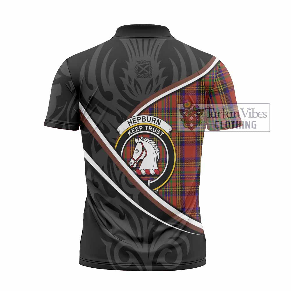 Hepburn Tartan Family Crest Zipper Polo Shirt Celtic Scottish Thistle Floral - Tartan Vibes Clothing