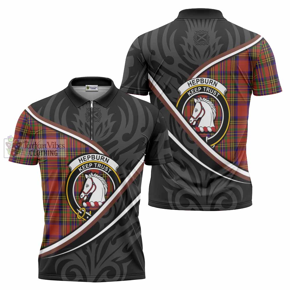 Hepburn Tartan Family Crest Zipper Polo Shirt Celtic Scottish Thistle Floral - Tartan Vibes Clothing
