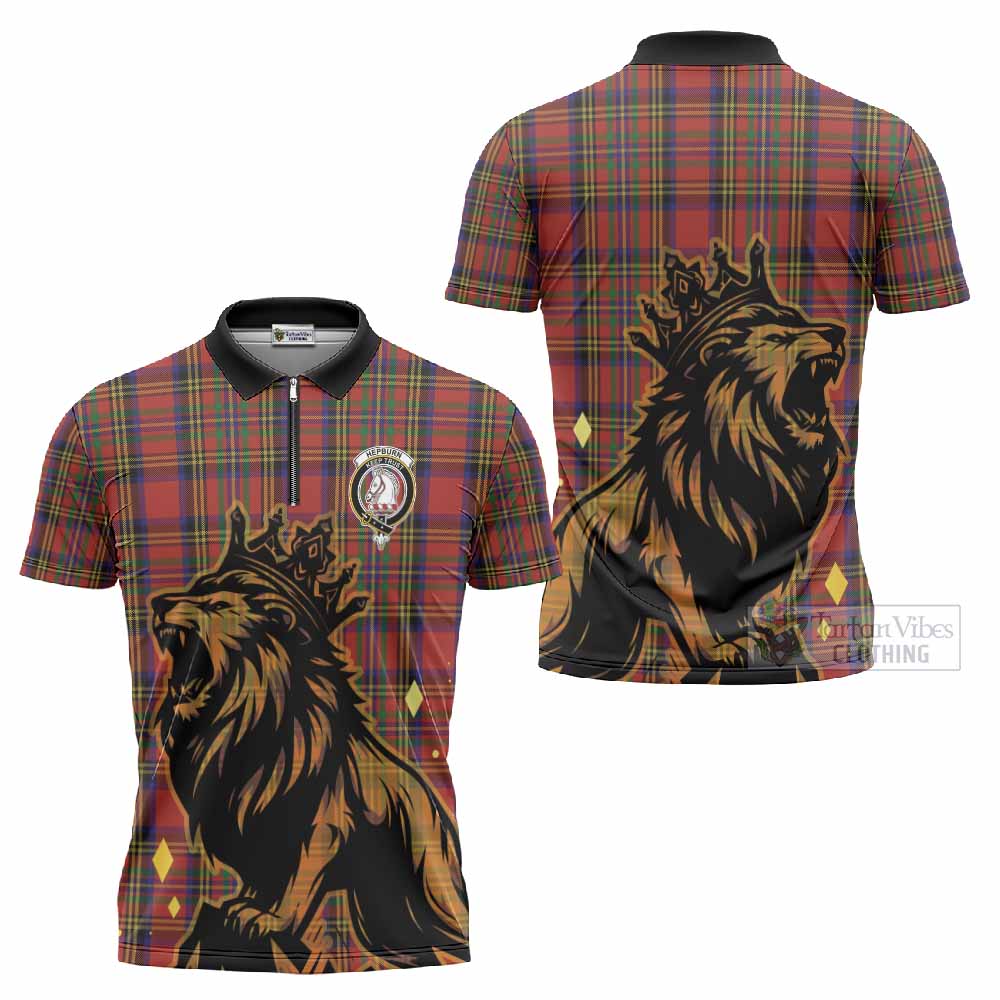 Hepburn Tartan Family Crest Zipper Polo Shirt Crowned Lion Roaring