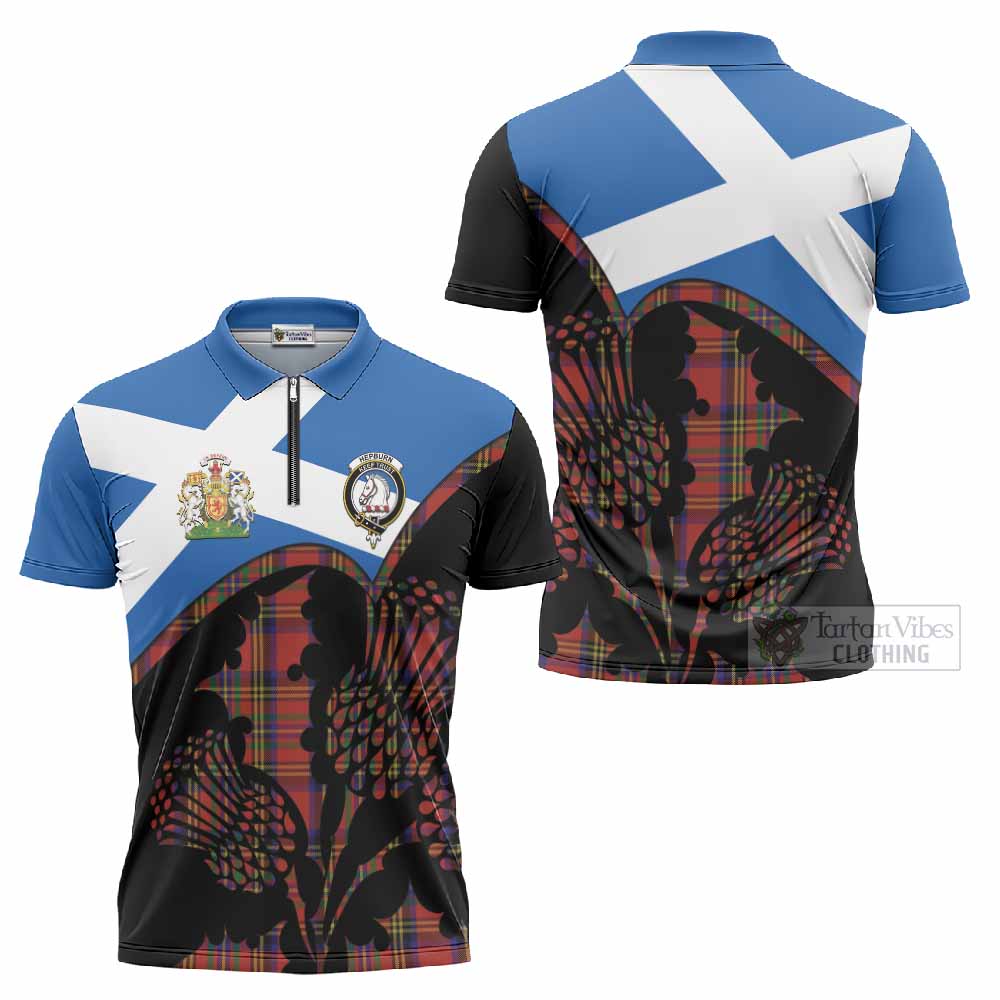 Hepburn Tartan Family Crest Zipper Polo Shirt Scotland Thistle Floral Flag Style