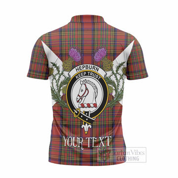 Hepburn Tartan Family Crest Zipper Polo Shirt Scottish Burns Night Thistle Floral