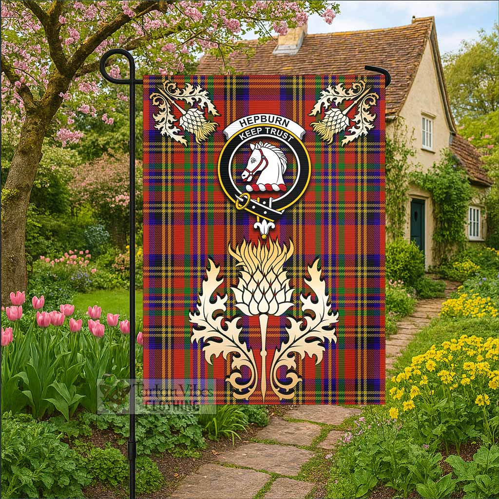 Hepburn Tartan Garden Flag with Golden Regal Scottish Thistle Emblem - Tartan Vibes Clothing