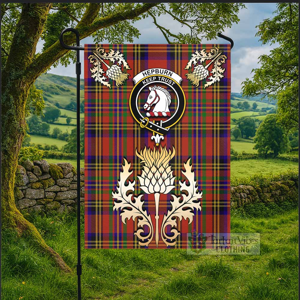 Hepburn Tartan Garden Flag with Golden Regal Scottish Thistle Emblem - Tartan Vibes Clothing
