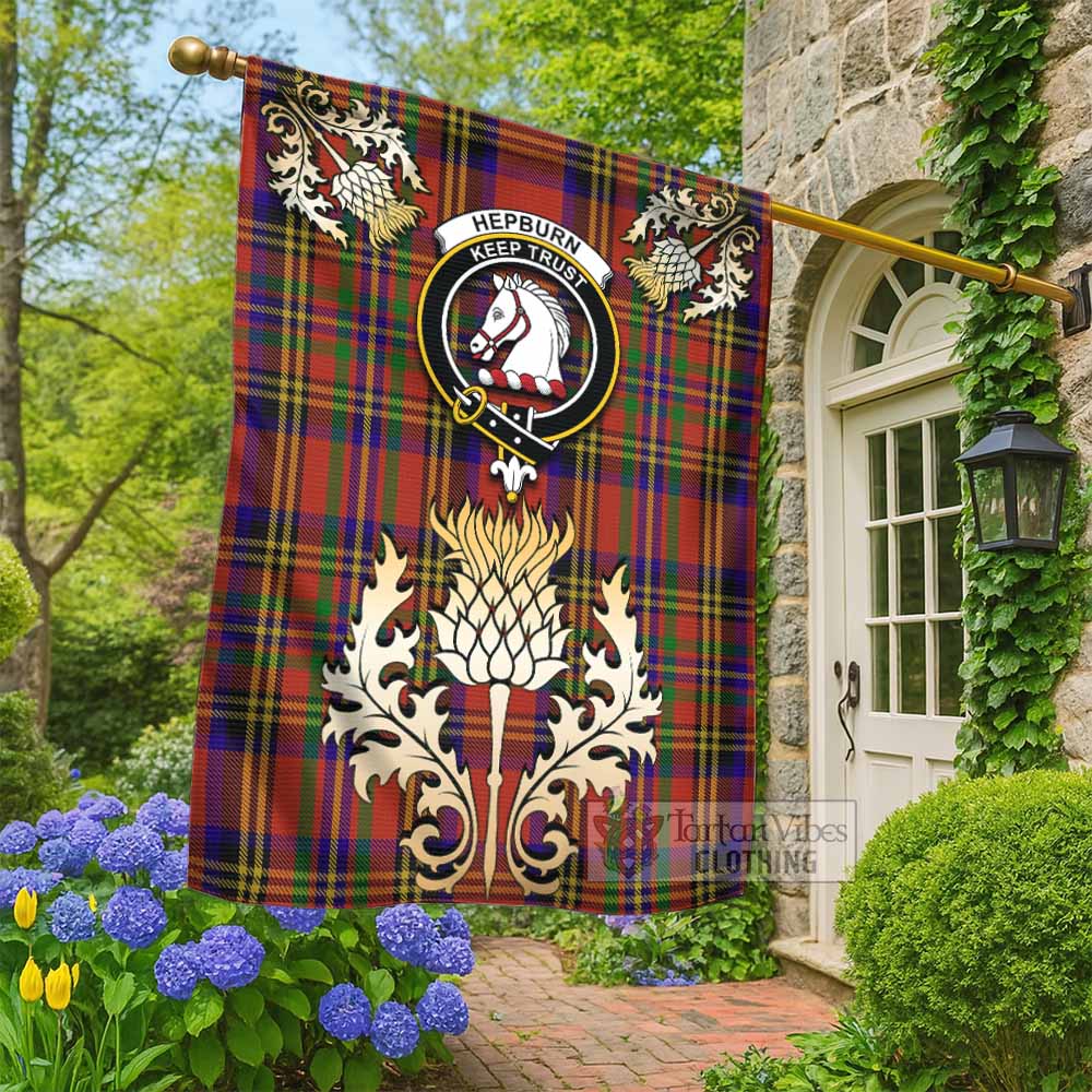 Hepburn Tartan Garden Flag with Golden Regal Scottish Thistle Emblem - Tartan Vibes Clothing