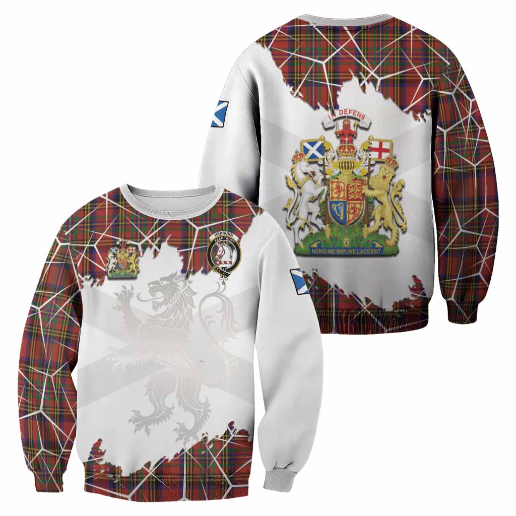 Hepburn Tartan Sweatshirt with Family Crest and Lion Rampant Grunge Style