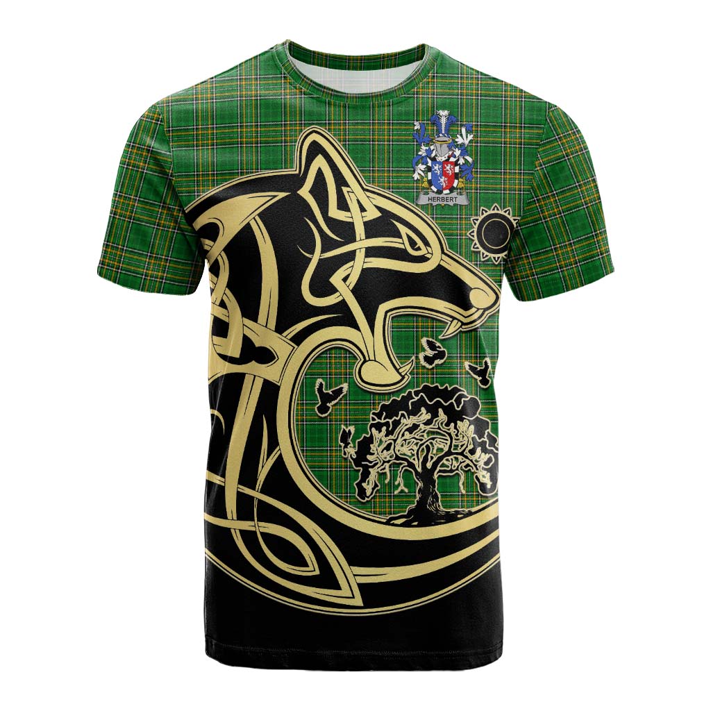 Tartan Vibes Clothing Herbert Irish Tartan Cotton T-shirt with Coat of Arms Celtic Wolf Style