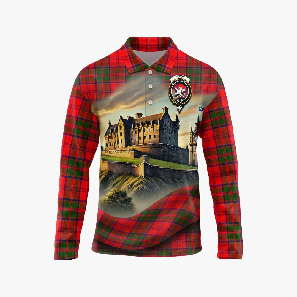 Heron Tartan Family Crest Long Sleeve Polo Shirt with Scottish Ancient Castle Style Unisex - Tartan Vibes Clothing