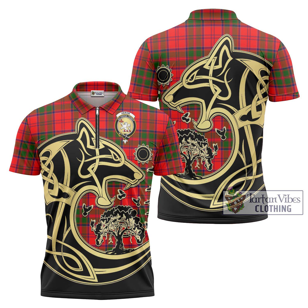 Heron Tartan Zipper Polo Shirt with Family Crest Celtic Wolf Style Unisex - Tartan Vibes Clothing
