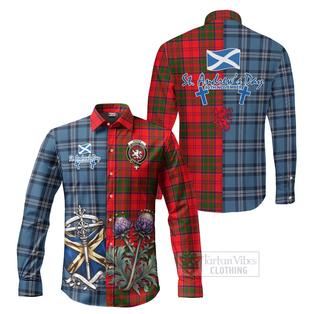 Heron Tartan Long Sleeve Button Shirt Happy St. Andrew's Day Half Tartan Style Men's Shirt S - Tartan Vibes Clothing
